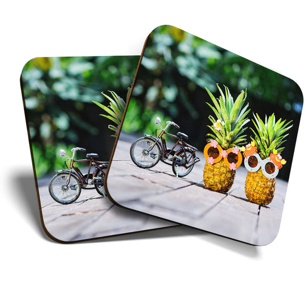 Great Coasters (Set of 2) Square / Glossy Quality Coasters / Tabletop Protection for Any Table Type - Cycling Bike Couple Pineapple  #12702