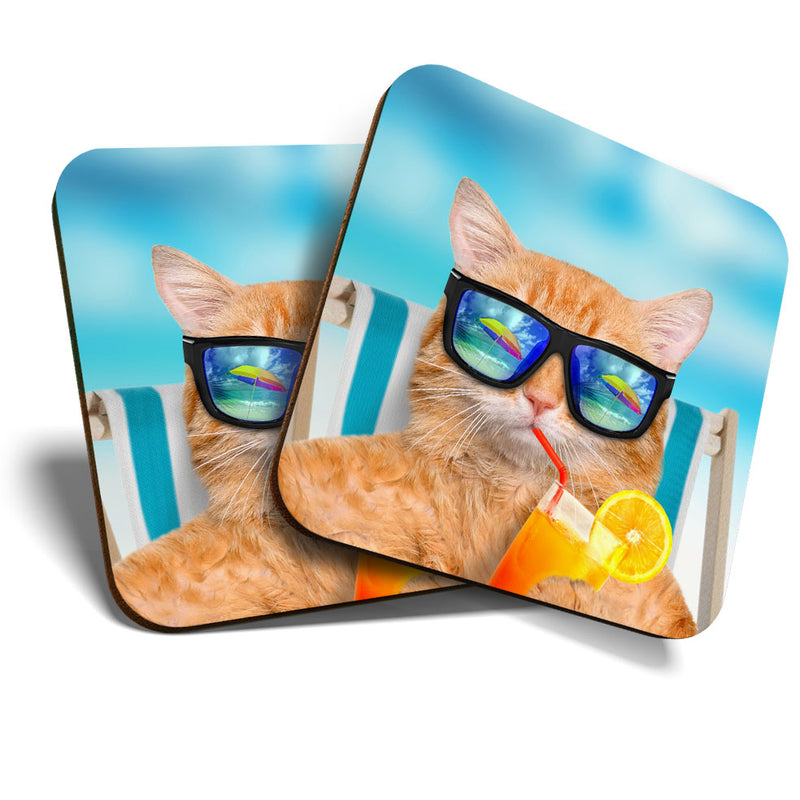 Great Coasters (Set of 2) Square / Glossy Quality Coasters / Tabletop Protection for Any Table Type - Funny Ginger Cat Sunbathing
