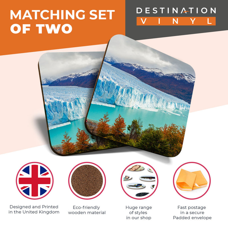 Great Coasters (Set of 2) Square / Glossy Quality Coasters / Tabletop Protection for Any Table Type - Perito Moreno Glacier Argtentina