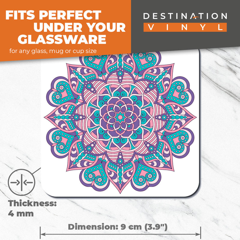 Great Coasters (Set of 2) Square / Glossy Quality Coasters / Tabletop Protection for Any Table Type - Indian Mandala Boho Yoga