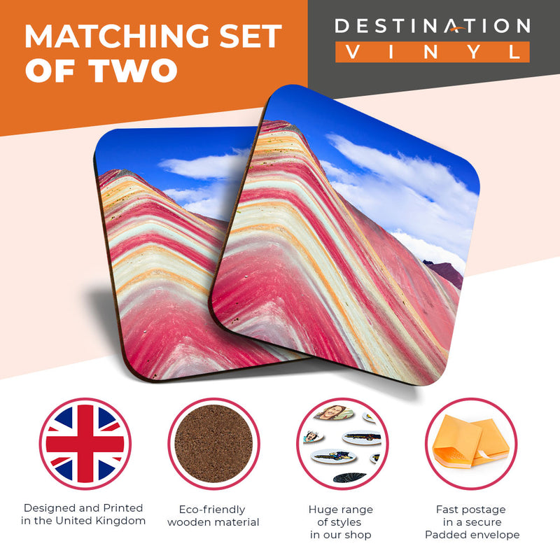 Great Coasters (Set of 2) Square / Glossy Quality Coasters / Tabletop Protection for Any Table Type - Rainbow Mountain Peru Travel