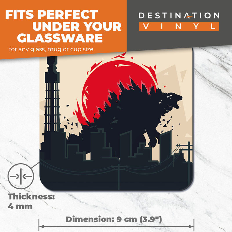 Great Coasters (Set of 2) Square / Glossy Quality Coasters / Tabletop Protection for Any Table Type - Fun Godzilla Dinosaur Lizard