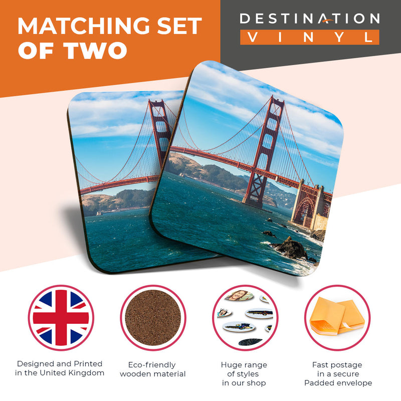 Great Coasters (Set of 2) Square / Glossy Quality Coasters / Tabletop Protection for Any Table Type - Cool Golden Gate Bridge USA