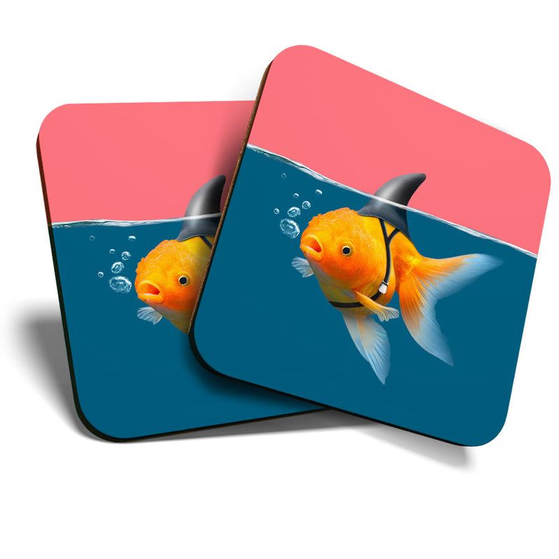 Great Coasters (Set of 2) Square / Glossy Quality Coasters / Tabletop Protection for Any Table Type - Funny Goldfish Shark Fish
