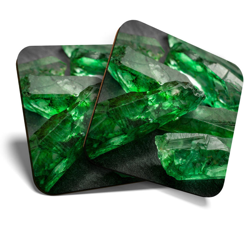 Great Coasters (Set of 2) Square / Glossy Quality Coasters / Tabletop Protection for Any Table Type - Green Emerald Stone Uncut