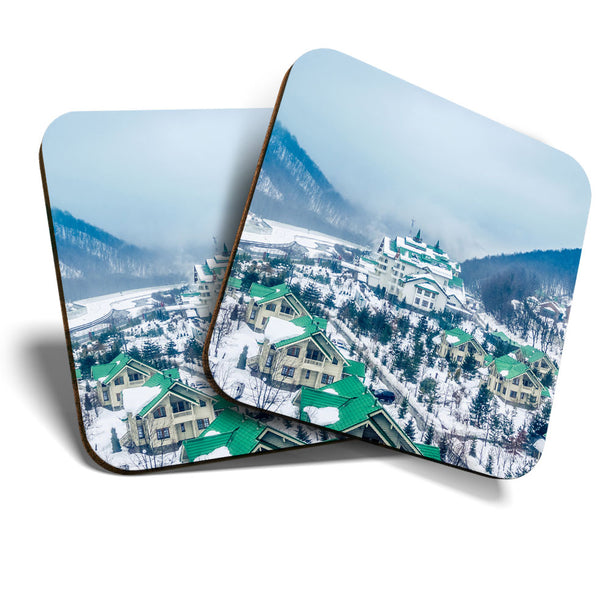 Great Coasters (Set of 2) Square / Glossy Quality Coasters / Tabletop Protection for Any Table Type - Snowy Houses in Sochi Russia  #3364