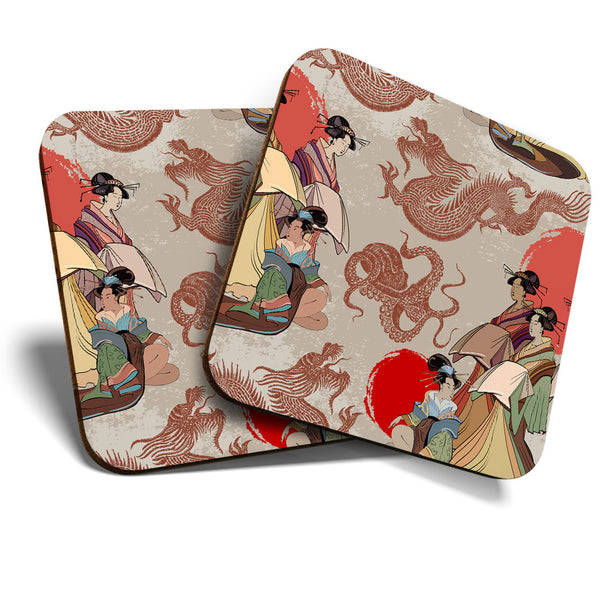 Great Coasters (Set of 2) Square / Glossy Quality Coasters / Tabletop Protection for Any Table Type - Japanese People Dragon Art  #3395