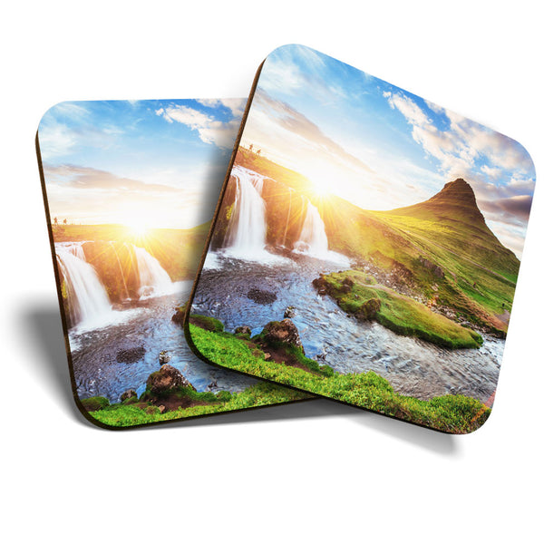 Great Coasters (Set of 2) Square / Glossy Quality Coasters / Tabletop Protection for Any Table Type - Kirkjufell Iceland Mountain  #3401