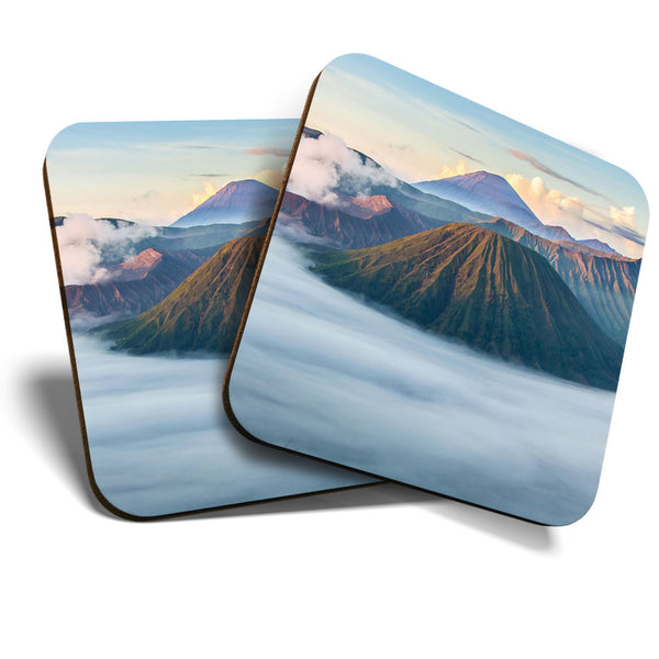 Great Coasters (Set of 2) Square / Glossy Quality Coasters / Tabletop Protection for Any Table Type - Mount Bromo Indonesia Volcano Mountain  #8082