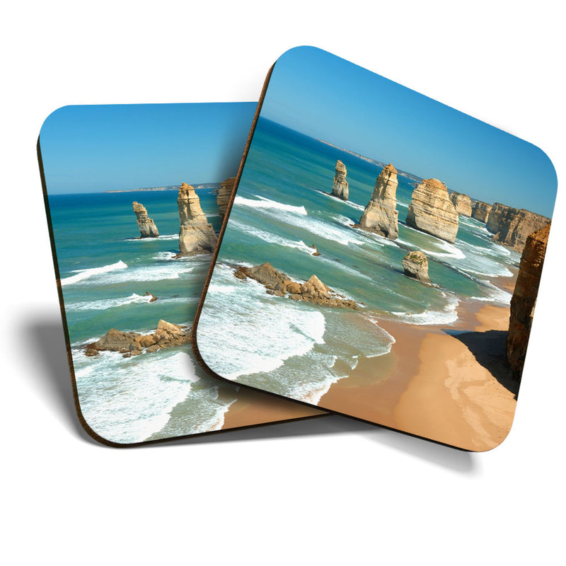 Great Coasters (Set of 2) Square / Glossy Quality Coasters / Tabletop Protection for Any Table Type - Twelve Apostles Beach Victoria Australia