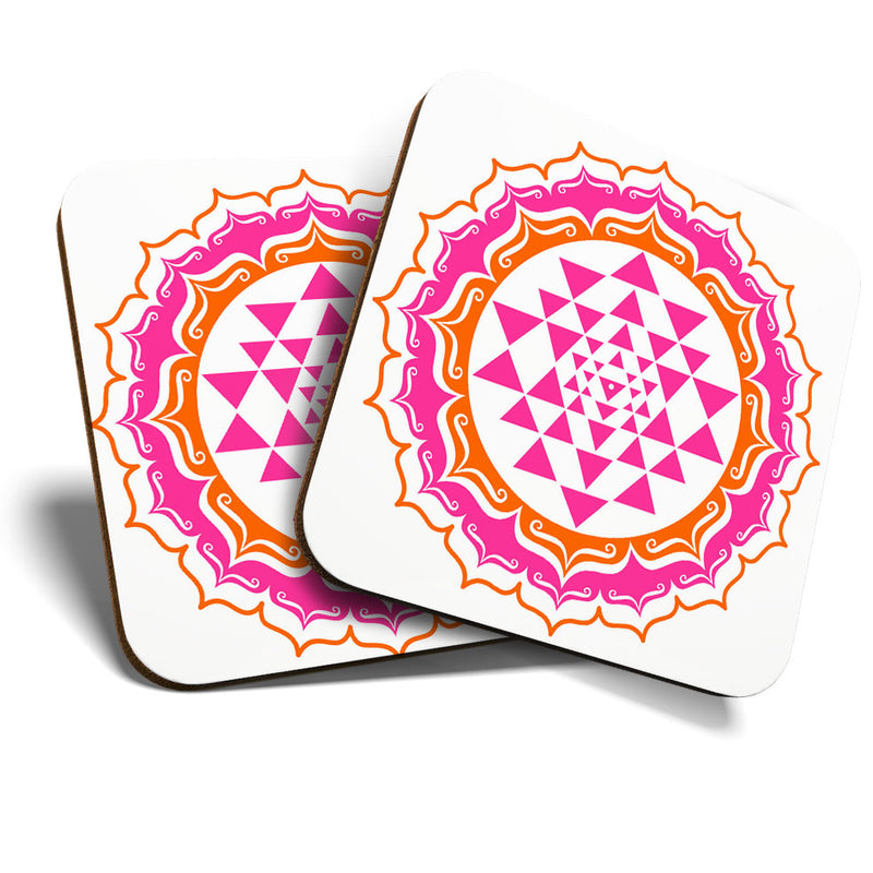 Great Coasters (Set of 2) Square / Glossy Quality Coasters / Tabletop Protection for Any Table Type - Colorful Mandala Design Pink Indian