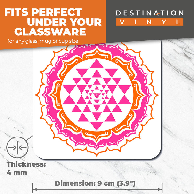 Great Coasters (Set of 2) Square / Glossy Quality Coasters / Tabletop Protection for Any Table Type - Colorful Mandala Design Pink Indian