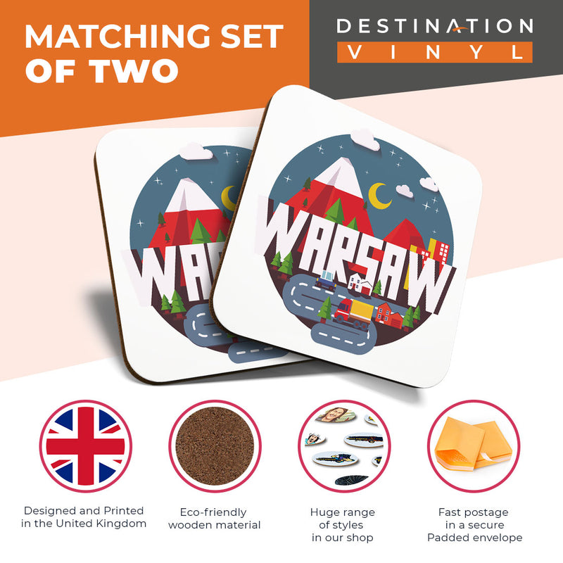 Great Coasters (Set of 2) Square / Glossy Quality Coasters / Tabletop Protection for Any Table Type - Warsaw Poland Travel Map