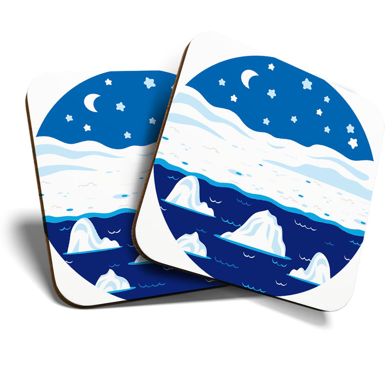 Great Coasters (Set of 2) Square / Glossy Quality Coasters / Tabletop Protection for Any Table Type - Winter Snow Christmas Iceberg Stars