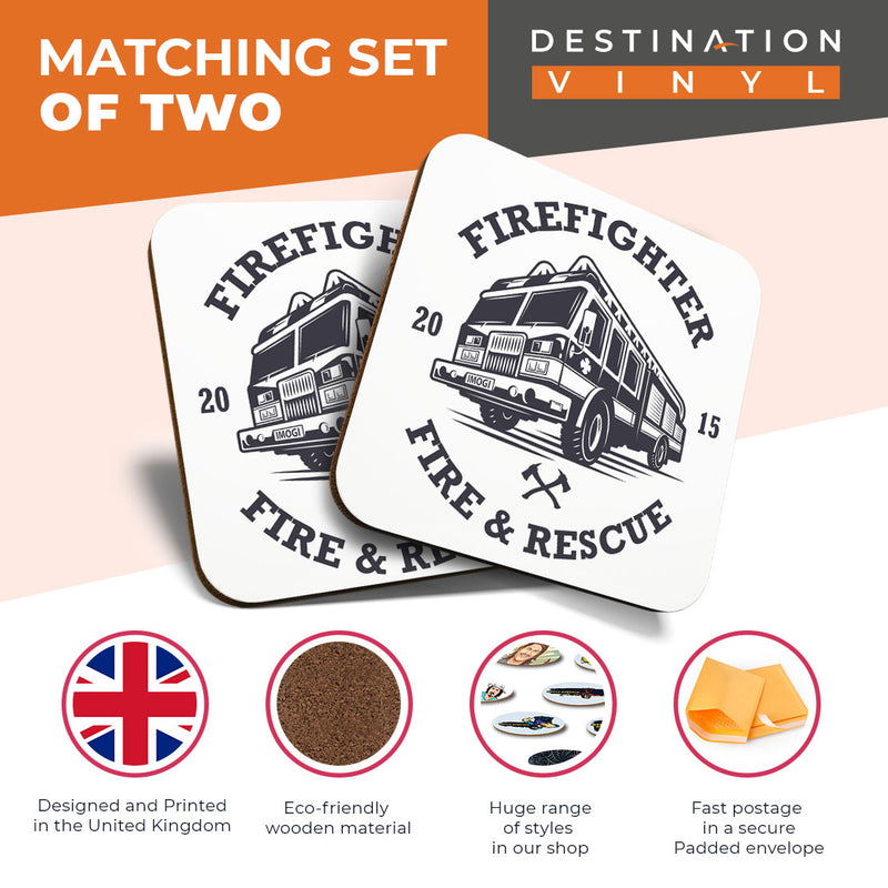 Great Coasters (Set of 2) Square / Glossy Quality Coasters / Tabletop Protection for Any Table Type - Firefighter Fire & Rescue Truck