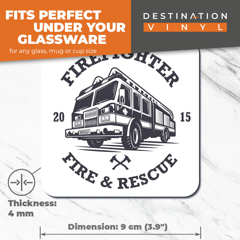 Great Coasters (Set of 2) Square / Glossy Quality Coasters / Tabletop Protection for Any Table Type - Firefighter Fire & Rescue Truck