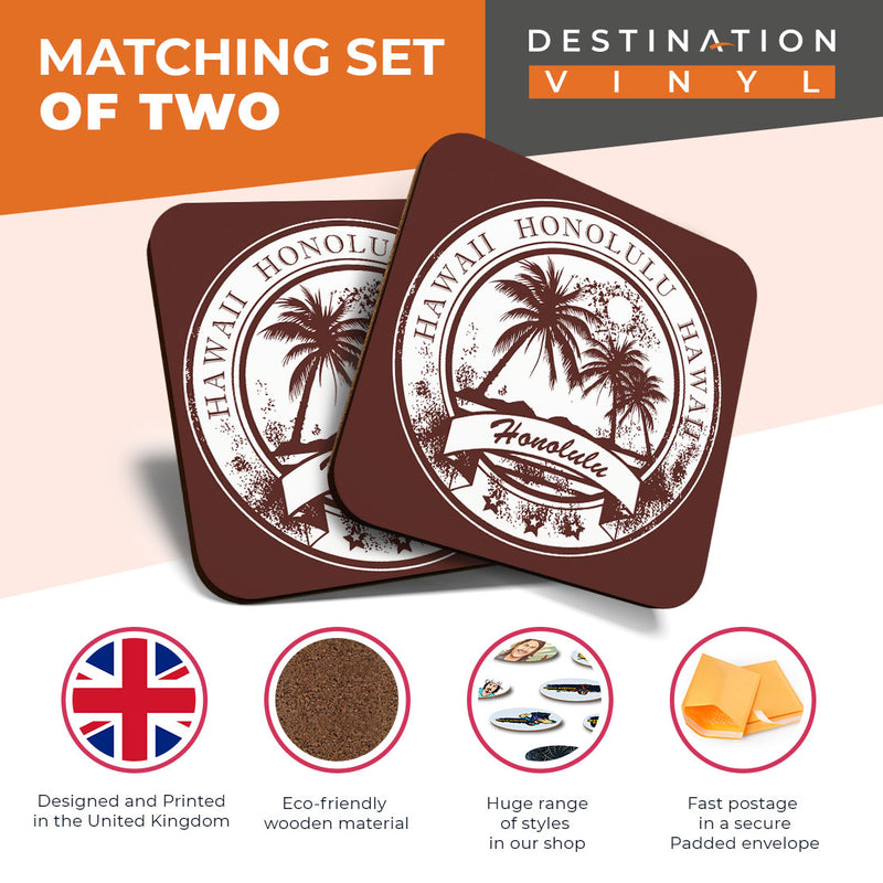 Great Coasters (Set of 2) Square / Glossy Quality Coasters / Tabletop Protection for Any Table Type - Honolulu Hawaii Travel Stamp