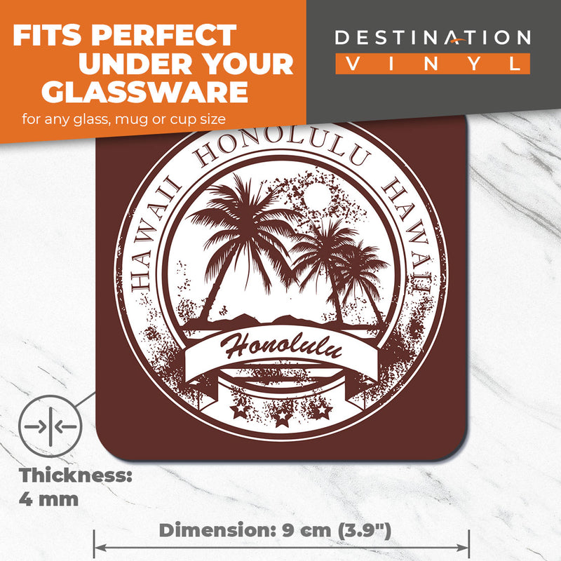 Great Coasters (Set of 2) Square / Glossy Quality Coasters / Tabletop Protection for Any Table Type - Honolulu Hawaii Travel Stamp