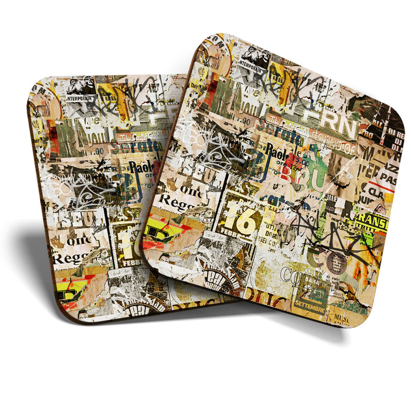 Great Coasters (Set of 2) Square / Glossy Quality Coasters / Tabletop Protection for Any Table Type - Grunge Torn Art Posters 80's Urban