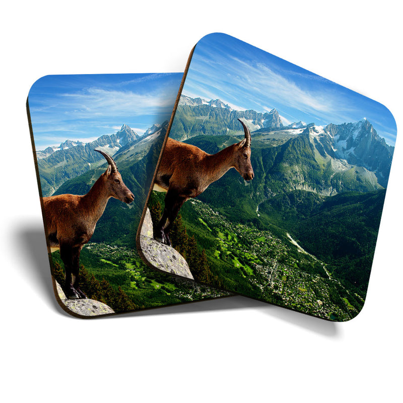 Great Coasters (Set of 2) Square / Glossy Quality Coasters / Tabletop Protection for Any Table Type - Mountain Goat Chamonix France