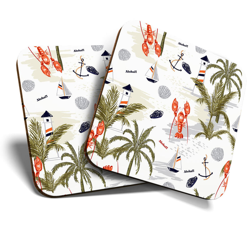 Great Coasters (Set of 2) Square / Glossy Quality Coasters / Tabletop Protection for Any Table Type - Seaside Nautical Crab Boat Shell