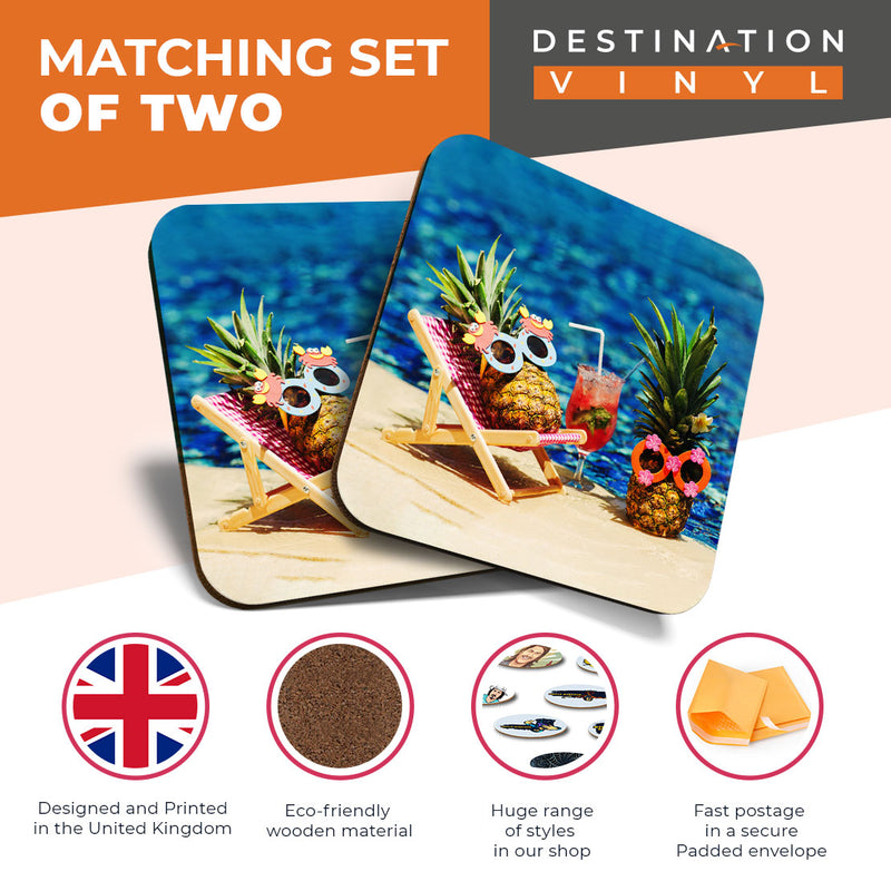 Great Coasters (Set of 2) Square / Glossy Quality Coasters / Tabletop Protection for Any Table Type - Pineapply Couple Pool Drinks Funny