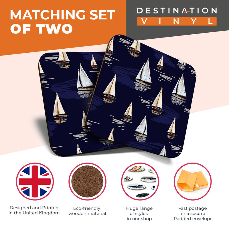 Great Coasters (Set of 2) Square / Glossy Quality Coasters / Tabletop Protection for Any Table Type - Blue Sea Ocean Sailing Ships Boat