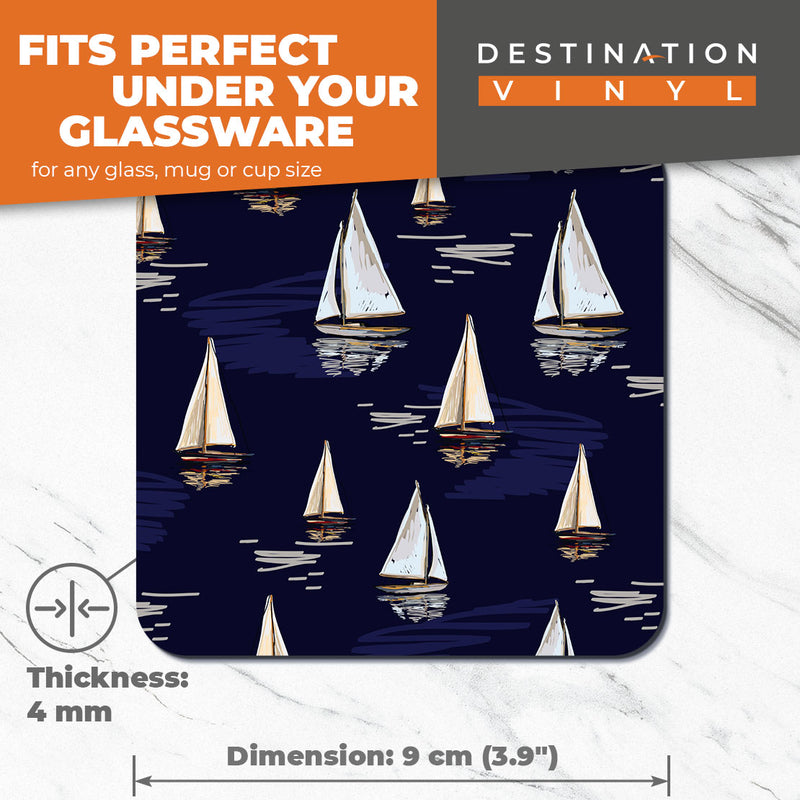 Great Coasters (Set of 2) Square / Glossy Quality Coasters / Tabletop Protection for Any Table Type - Blue Sea Ocean Sailing Ships Boat