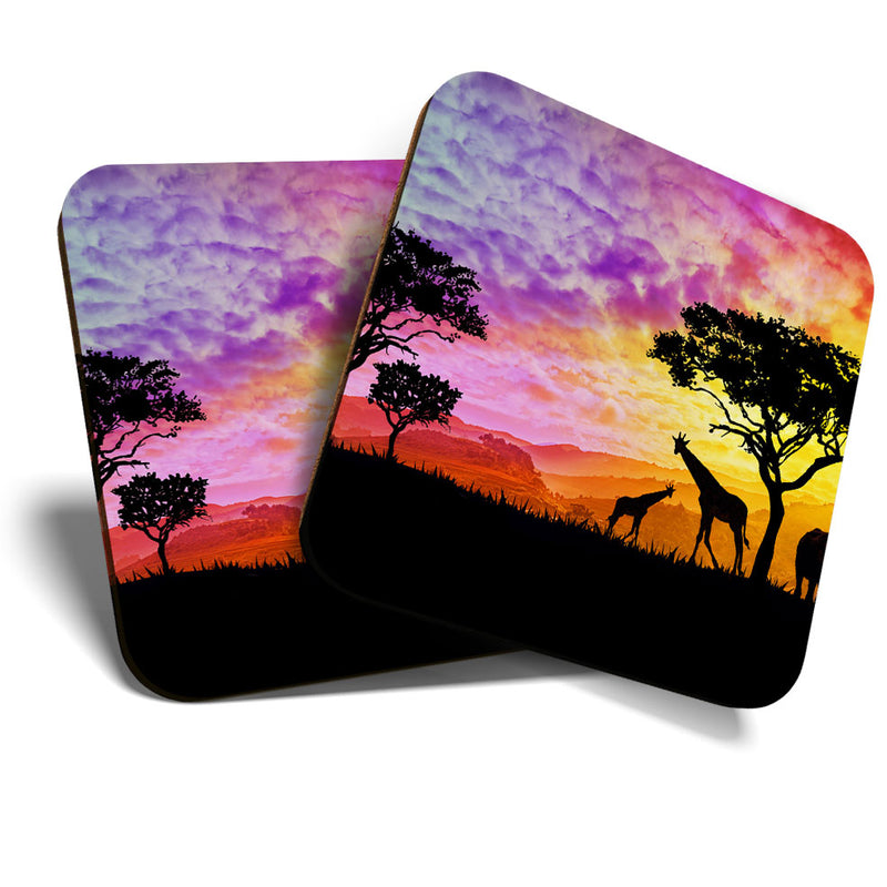 Great Coasters (Set of 2) Square / Glossy Quality Coasters / Tabletop Protection for Any Table Type - African Sunset Giraffe Elephant