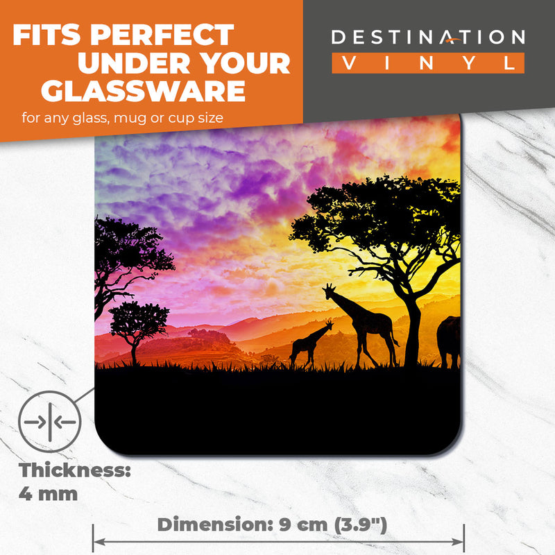 Great Coasters (Set of 2) Square / Glossy Quality Coasters / Tabletop Protection for Any Table Type - African Sunset Giraffe Elephant