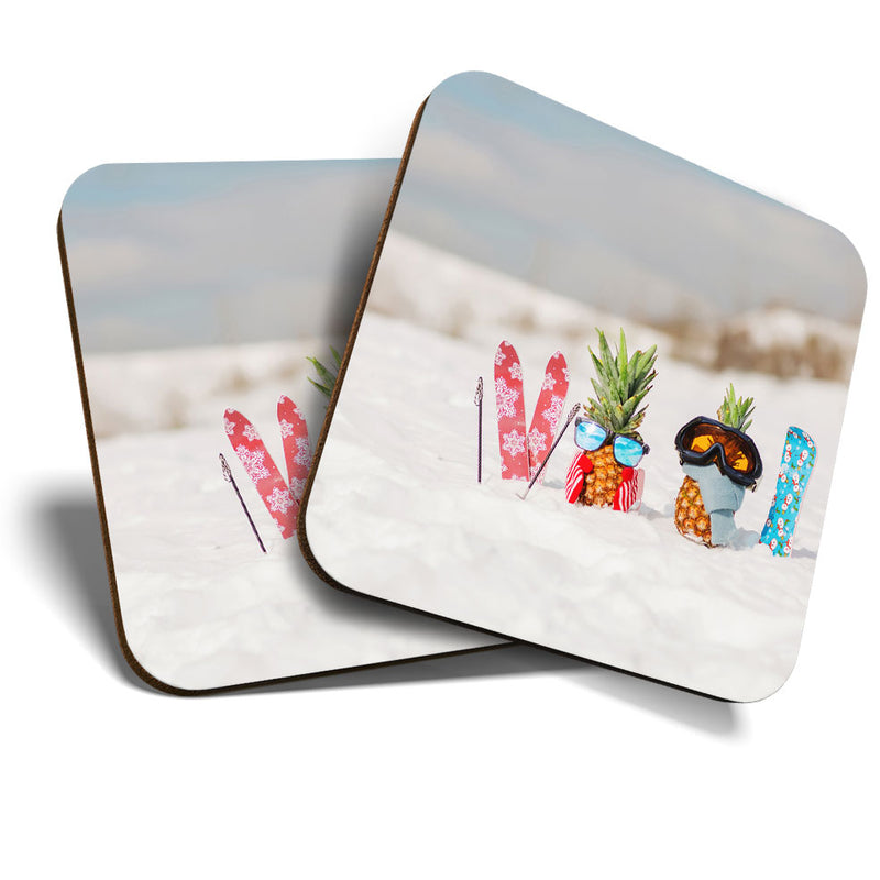 Great Coasters (Set of 2) Square / Glossy Quality Coasters / Tabletop Protection for Any Table Type - Snowboarding Skiing Couple