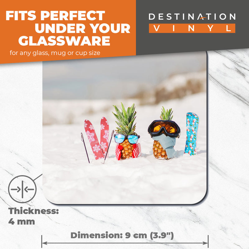 Great Coasters (Set of 2) Square / Glossy Quality Coasters / Tabletop Protection for Any Table Type - Snowboarding Skiing Couple