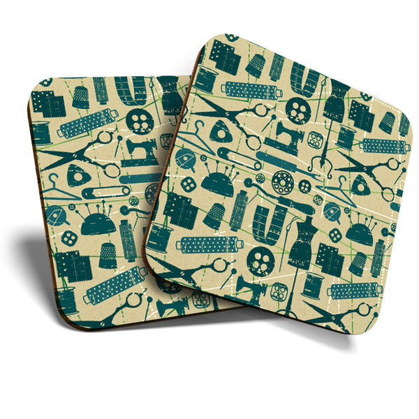 Great Coasters (Set of 2) Square / Glossy Quality Coasters / Tabletop Protection for Any Table Type - Cute Sewing Dressmaker Tools  #12402
