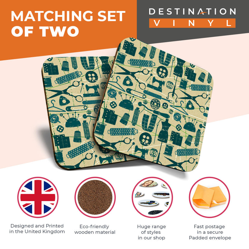 Great Coasters (Set of 2) Square / Glossy Quality Coasters / Tabletop Protection for Any Table Type - Cute Sewing Dressmaker Tools
