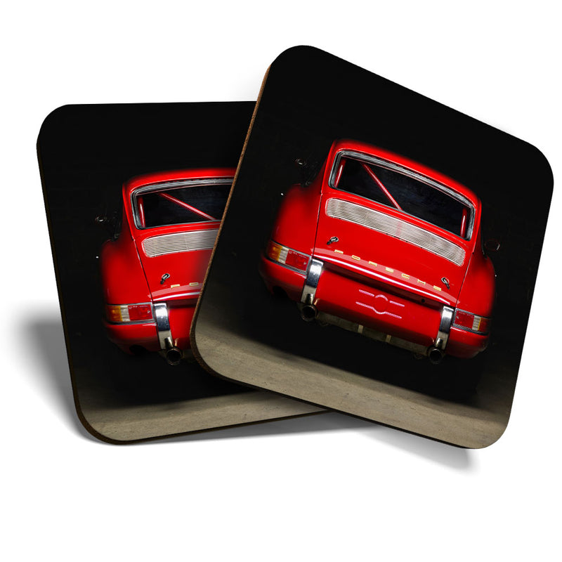 Great Coasters (Set of 2) Square / Glossy Quality Coasters / Tabletop Protection for Any Table Type - Red Vintage Car Racing