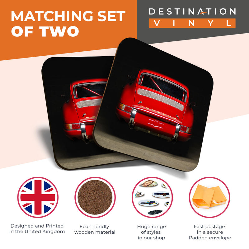 Great Coasters (Set of 2) Square / Glossy Quality Coasters / Tabletop Protection for Any Table Type - Red Vintage Car Racing