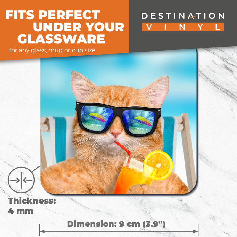 Great Coasters (Set of 2) Square / Glossy Quality Coasters / Tabletop Protection for Any Table Type - Funny Ginger Cat Sunbathing