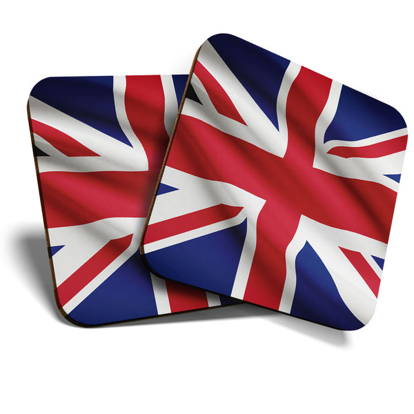Great Coasters (Set of 2) Square / Glossy Quality Coasters / Tabletop Protection for Any Table Type - Union Jack Flag Britain  #15601