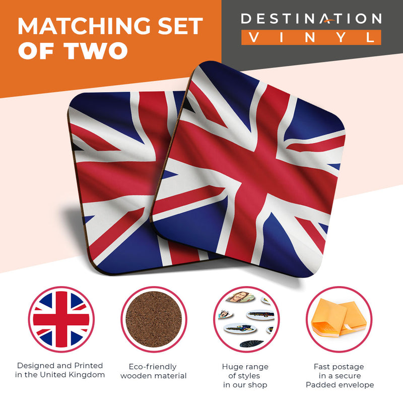 Great Coasters (Set of 2) Square / Glossy Quality Coasters / Tabletop Protection for Any Table Type - Union Jack Flag Britain