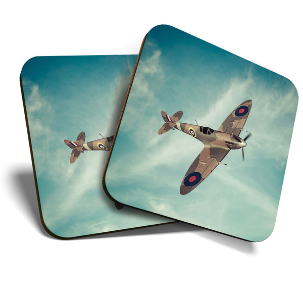 Great Coasters (Set of 2) Square / Glossy Quality Coasters / Tabletop Protection for Any Table Type - British RAF Spitfire Vintage Plane  #16310