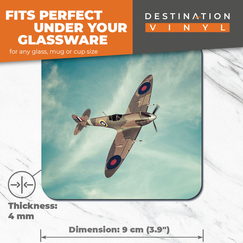 Great Coasters (Set of 2) Square / Glossy Quality Coasters / Tabletop Protection for Any Table Type - British RAF Spitfire Vintage Plane