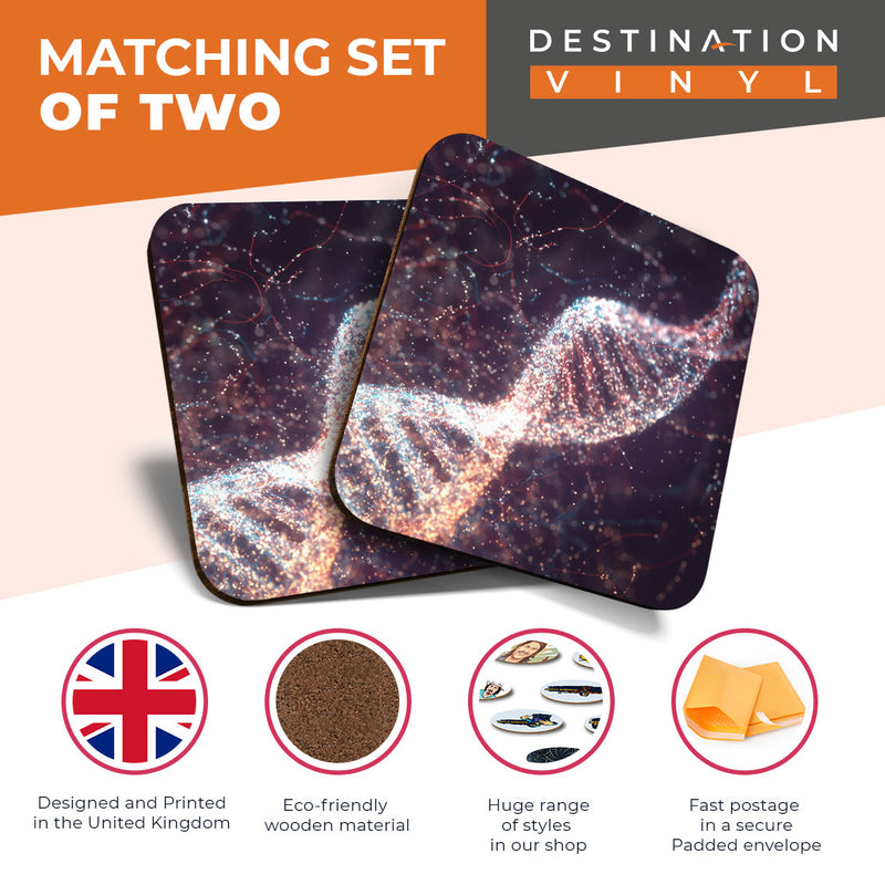 Great Coasters (Set of 2) Square / Glossy Quality Coasters / Tabletop Protection for Any Table Type - DNA Double Helix Genetics Science