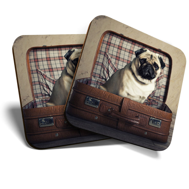 Great Coasters (Set of 2) Square / Glossy Quality Coasters / Tabletop Protection for Any Table Type - Cute Traveling Pug Dog Puppy