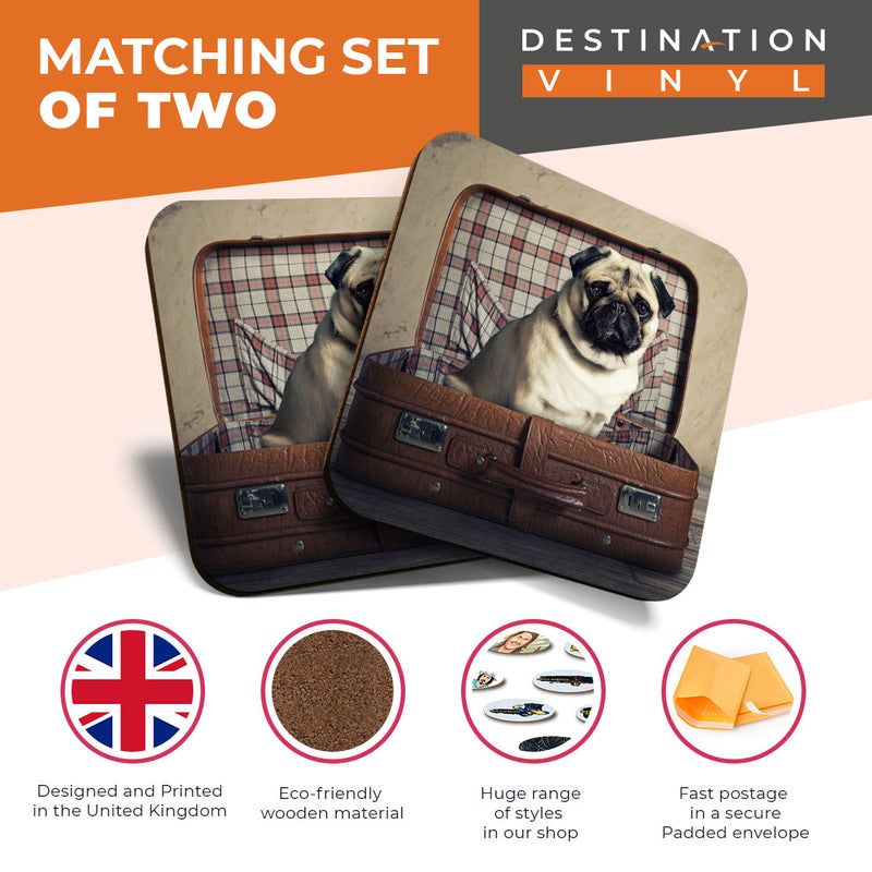 Great Coasters (Set of 2) Square / Glossy Quality Coasters / Tabletop Protection for Any Table Type - Cute Traveling Pug Dog Puppy