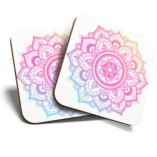 Great Coasters (Set of 2) Square / Glossy Quality Coasters / Tabletop Protection for Any Table Type - Indian Mandala Boho Yoga   #19355
