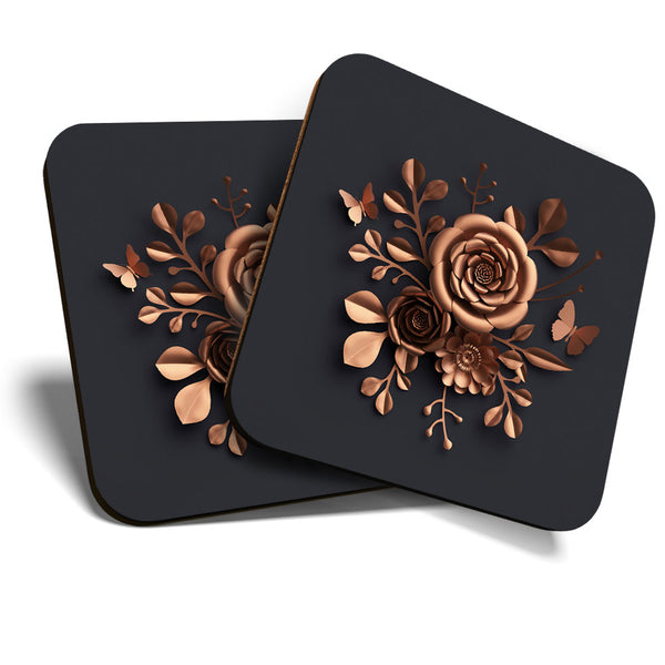 Great Coasters (Set of 2) Square / Glossy Quality Coasters / Tabletop Protection for Any Table Type - Rose Gold Flower Art Elegant Flowers  #24122