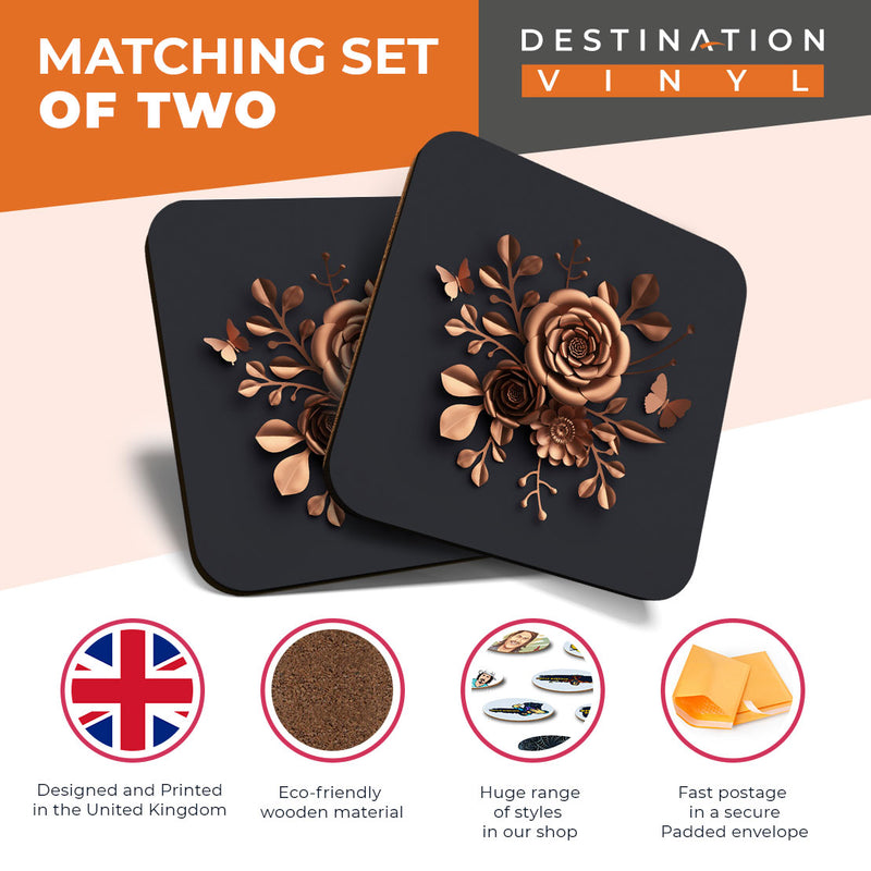 Great Coasters (Set of 2) Square / Glossy Quality Coasters / Tabletop Protection for Any Table Type - Rose Gold Flower Art Elegant Flowers