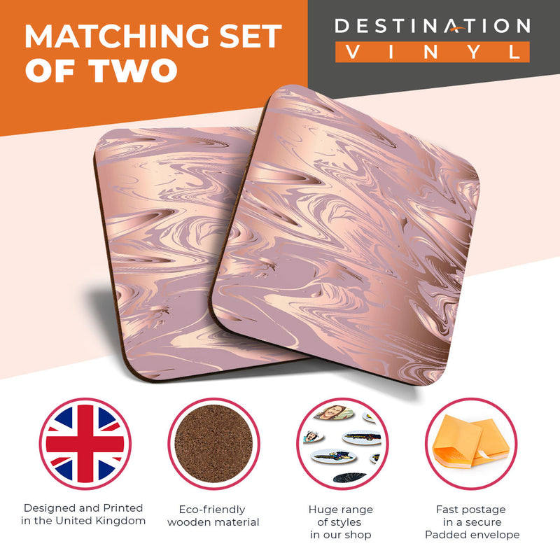 Great Coasters (Set of 2) Square / Glossy Quality Coasters / Tabletop Protection for Any Table Type - Rose Gold Marble Pattern Pretty