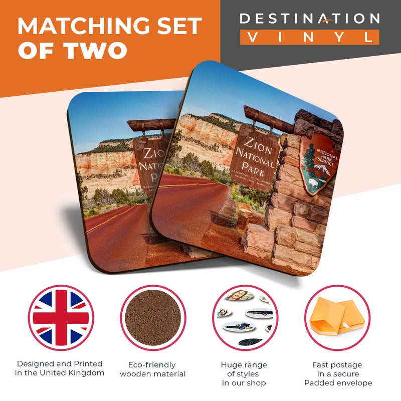Great Coasters (Set of 2) Square / Glossy Quality Coasters / Tabletop Protection for Any Table Type - Zion National Park Sign Utah America USA