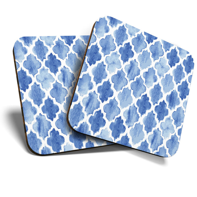 Great Coasters (Set of 2) Square / Glossy Quality Coasters / Tabletop Protection for Any Table Type - Blue Greek Pattern Watercolour